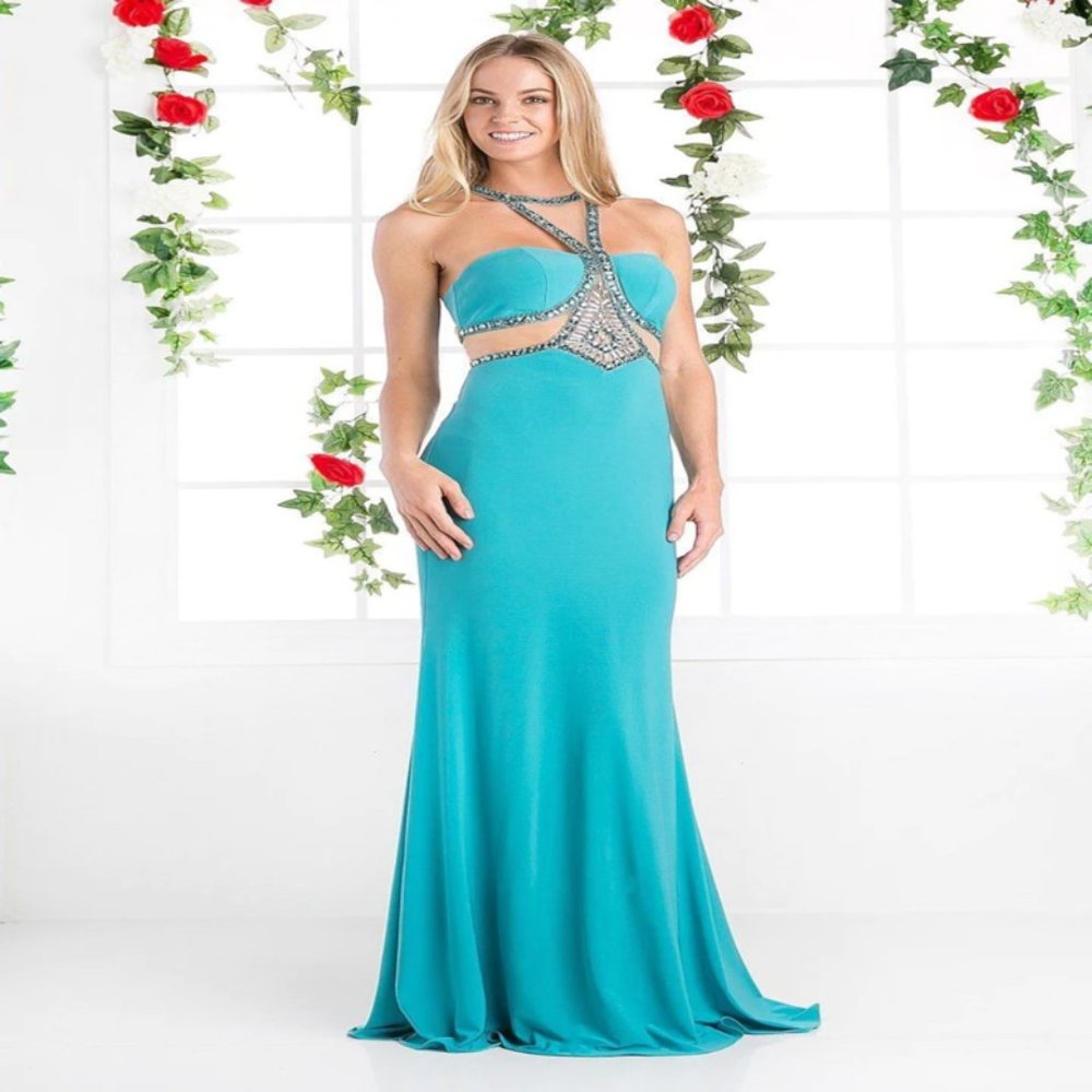 FITTED GOWN WITH SHEER CUTOUTS BY CINDERELLA DIVINE CP812 (JADE)